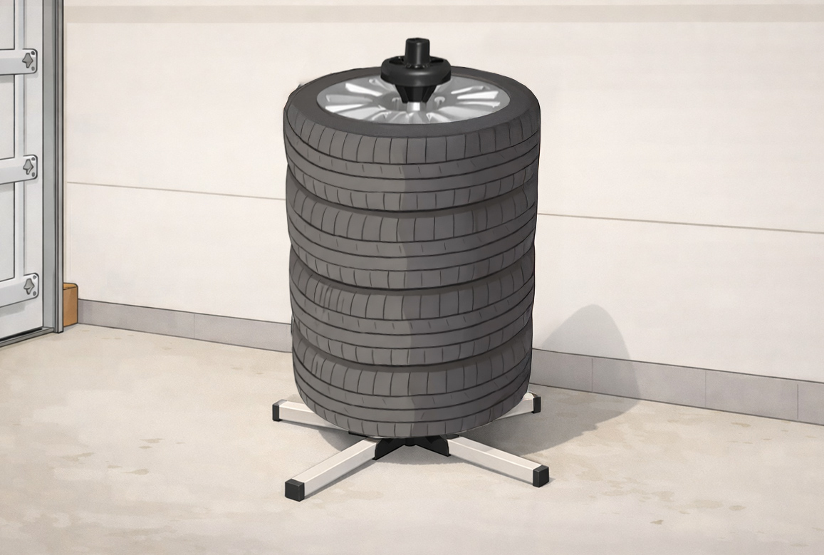 Ilustrácia reprezentujúca správne uskladnenie pneumatík s diskami - vertikálne na sebe na stojane
